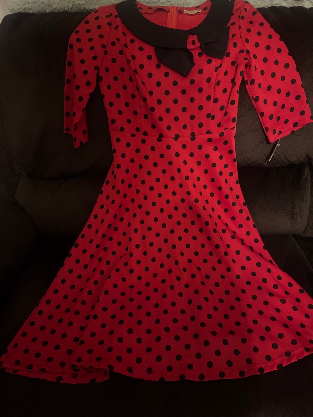 Lindy Bop Red Polka Dot Fit-and-Flare Dress with Black Collar Vintage - Picture 6 of 6